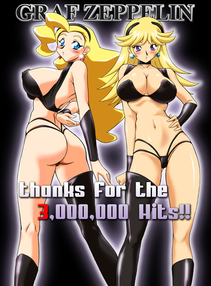 ta152 (graf zeppelin), ellis valentine, swan white, shinkon gattai godannar!!, yuusha ou gaogaigar, yuusha series, 00s, 1990s (style), 2girls, black background, blonde hair, blue eyes, blush, bra, breasts, large breasts, long hair, looking at viewer, looking back, multiple girls, panties, purple eyes, retro artstyle, simple background, underwear