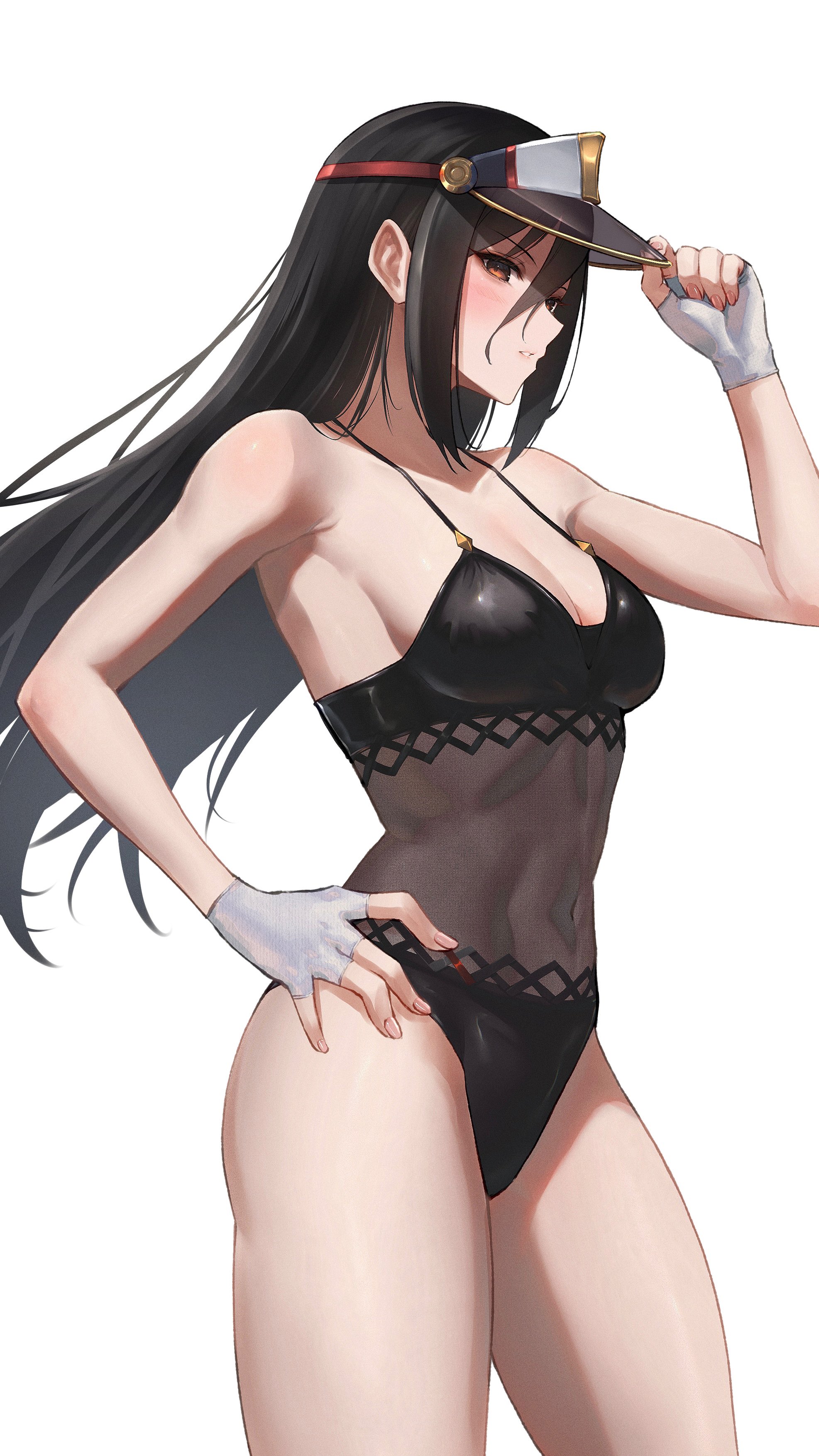 hakusai (hksicabb), morag ladair (obligatory leave) (xenoblade), morag ladair (xenoblade), xenoblade chronicles (series), xenoblade chronicles 2, absurdres, highres, 1girl, armpit crease, armpits, black one-piece swimsuit, breasts, collarbone, covered navel, cowboy shot, eyelashes, fingerless gloves, gloves, gold trim, hair between eyes, hand on own hip, long hair, looking at viewer, medium breasts, navel, official alternate costume, one-piece swimsuit, parted lips, shadow, sideboob, sidelocks, simple background, solo, swimsuit, thighs, very long hair, visor cap, white background, white gloves