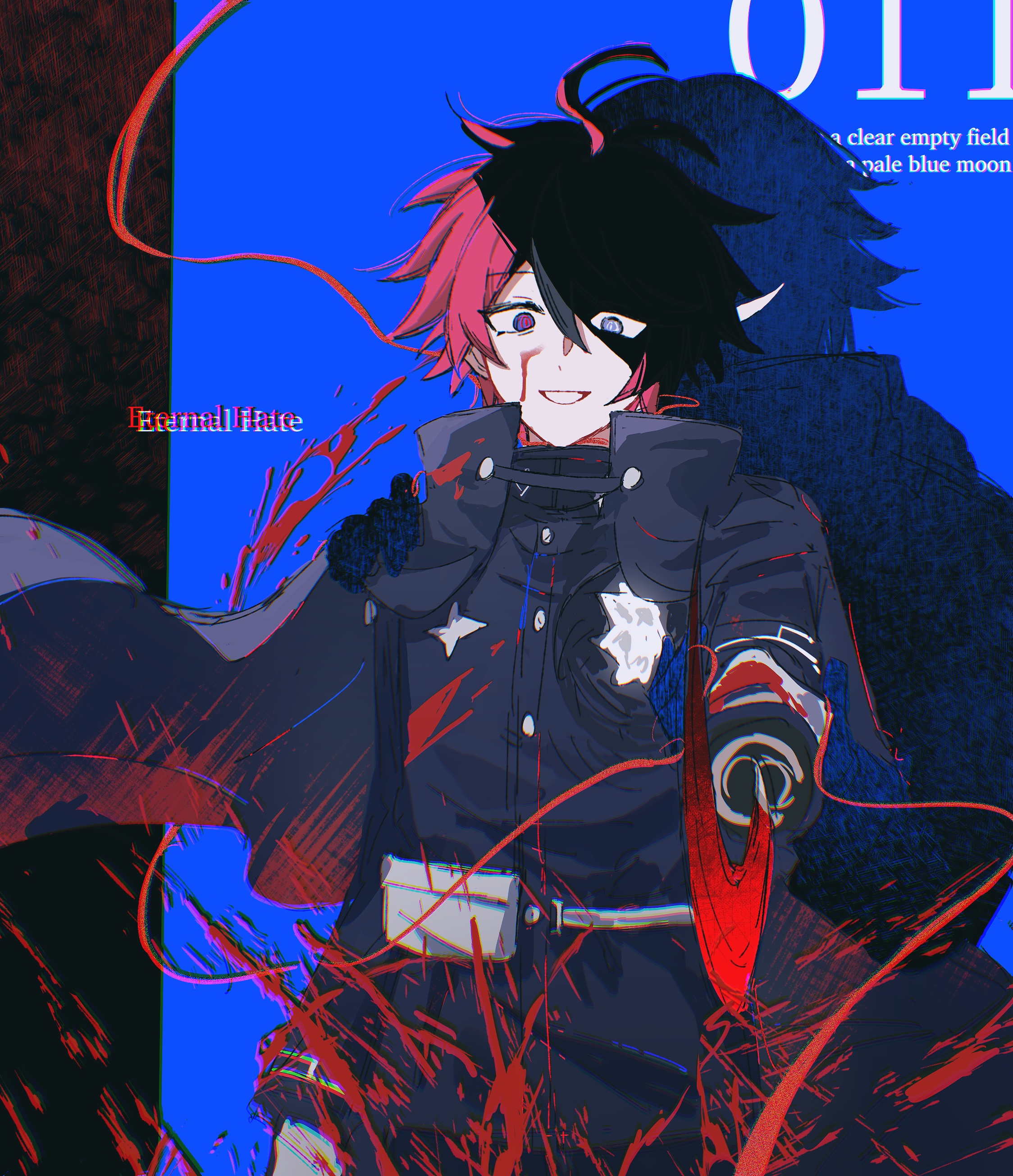 aotsuki eito, sumino takumi, the hundred line -last defense academy-, absurdres, chinese commentary, highres, spoilers, 2boys, ahoge, armband, black background, black cape, black streaks, blood, blood on face, blood splatter, blue background, blue eyes, cape, english text, evil smile, gakuran, gloves, grin, hand on another's arm, hand on another's shoulder, heterochromia, holding, holding weapon, last defense academy school uniform, male focus, multicolored hair, multiple boys, pointing melee weapon, purple eyes, qiming zhende hao nan, red hair, school uniform, shadow, short hair, silhouette, smile, streaked hair, two-tone background, weapon, white gloves