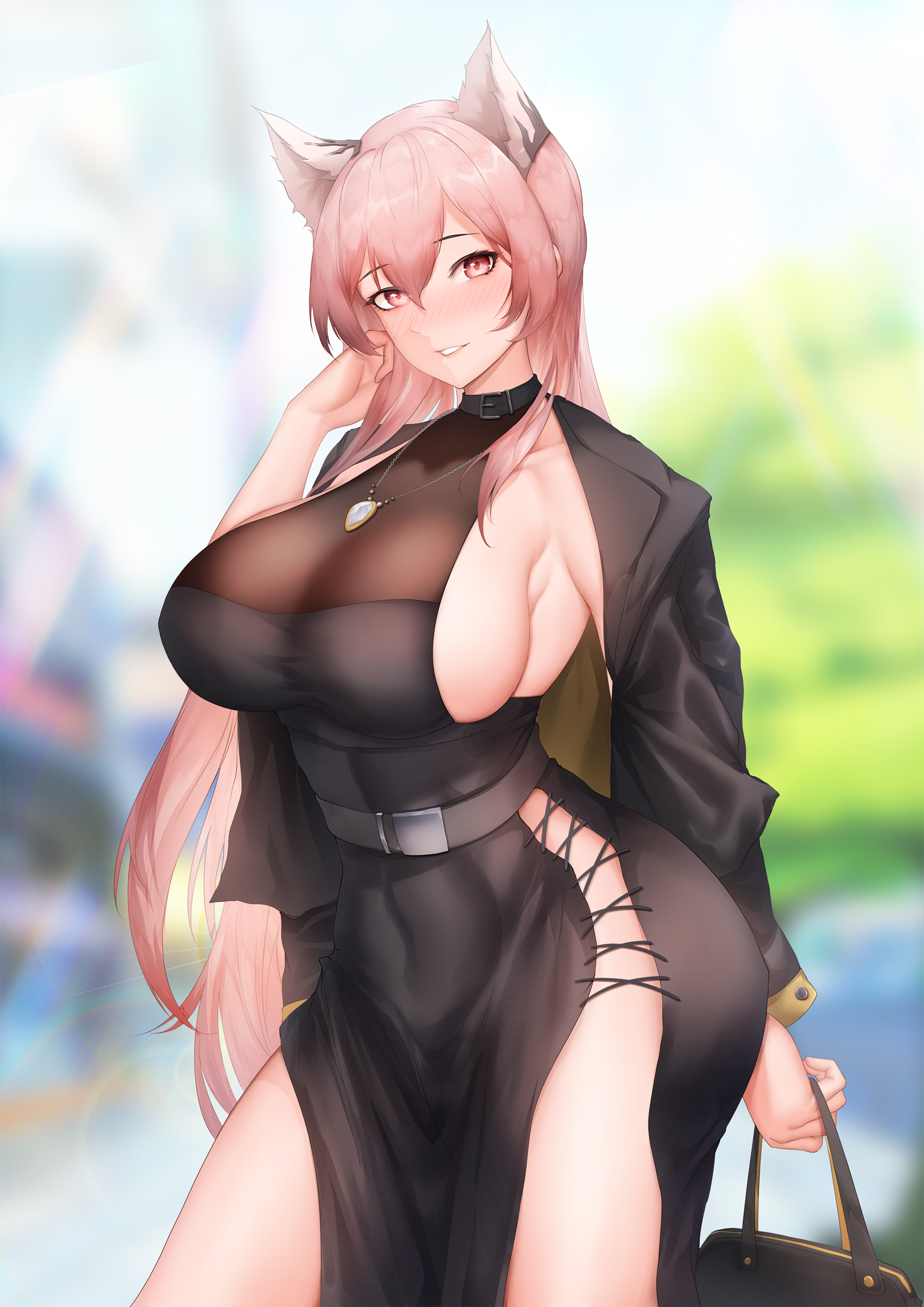 thatob, persicaria (neural cloud), girls' frontline, girls' frontline neural cloud, absurdres, chinese commentary, commentary, highres, 1girl, alternate costume, animal ear fluff, animal ears, arm behind back, bag, belt, black belt, black collar, black dress, black jacket, blurry, blurry background, blush, breasts, collar, collarbone, dress, feet out of frame, hand in own hair, holding, holding bag, jacket, jacket on shoulders, jewelry, large breasts, long hair, looking at viewer, necklace, open mouth, parted lips, pink eyes, pink hair, sideboob, sidelocks, solo, standing, strapless, strapless dress, thighs