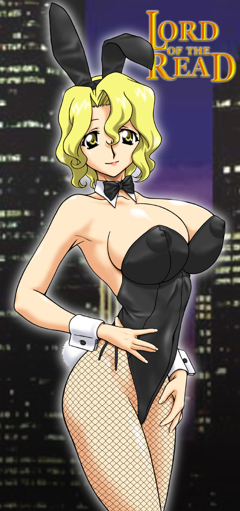 ta152 (graf zeppelin), michelle cheung, r.o.d the tv, read or die, 00s, 1girl, animal ears, areola slip, armpits, bare shoulders, blonde hair, bow, bowtie, breasts, city, cleavage, covered erect nipples, fake animal ears, female focus, fishnet pantyhose, fishnets, hairband, hand on own hip, highleg, hip focus, large breasts, leotard, lipstick, makeup, night, night sky, no bra, outdoors, pantyhose, playboy bunny, rabbit ears, short hair, sideboob, sky, smile, solo, standing, thighs, wavy hair, wrist cuffs, yellow eyes