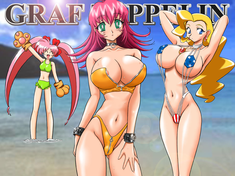 ta152 (graf zeppelin), kusunoki manami, raika grace, swan white, variable geo, viper (series), yuusha ou gaogaigar, yuusha series, 1990s (style), 3girls, ^ ^, american flag, american flag print, american flag swimsuit, animal hands, areola slip, beach, bikini, blonde hair, blue eyes, breasts, cleavage, closed eyes, cloud, crossover, cuffs, flag print, gloves, green eyes, huge breasts, large breasts, long hair, micro bikini, multiple girls, open mouth, orange gloves, outdoors, paw gloves, pink hair, pinup (style), retro artstyle, revealing clothes, sky, smile, string bikini, swimsuit, very long hair