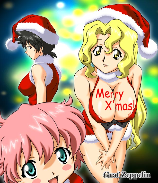 ta152 (graf zeppelin), anita king, maggie mui, michelle cheung, r.o.d the tv, read or die, 00s, 3girls, areola slip, blonde hair, blush stickers, body writing, breasts, christmas, green eyes, hat, long hair, multiple girls, pink hair, short hair, very long hair, yellow eyes