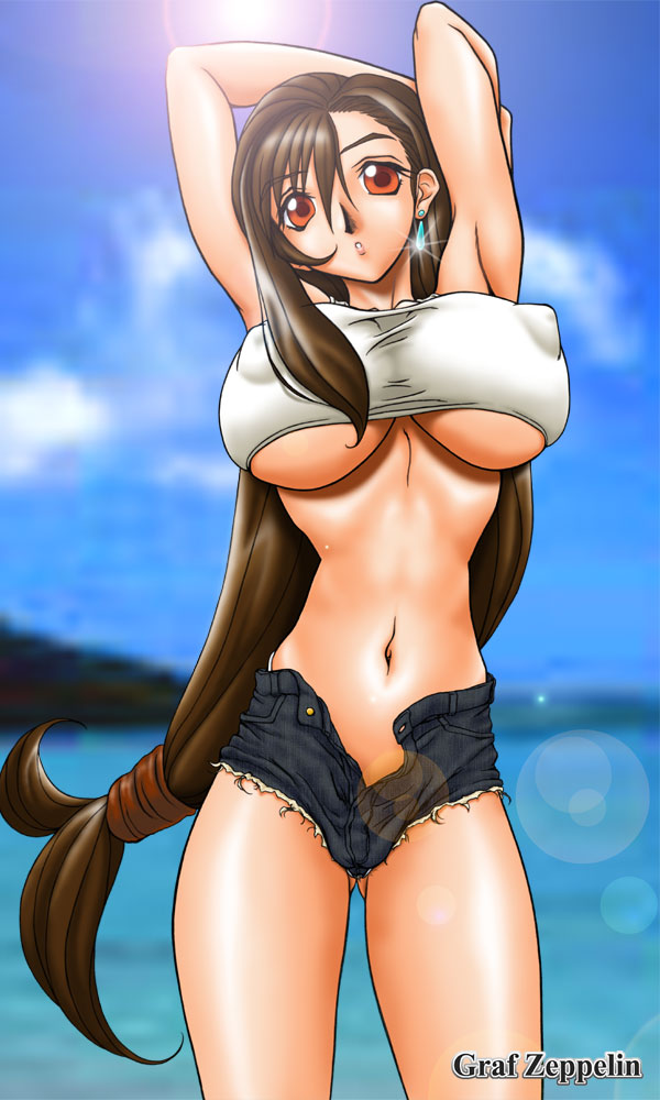 ta152 (graf zeppelin), tifa lockhart, final fantasy, final fantasy vii, 1990s (style), breasts, denim, denim shorts, huge breasts, shorts, tank top, underboob