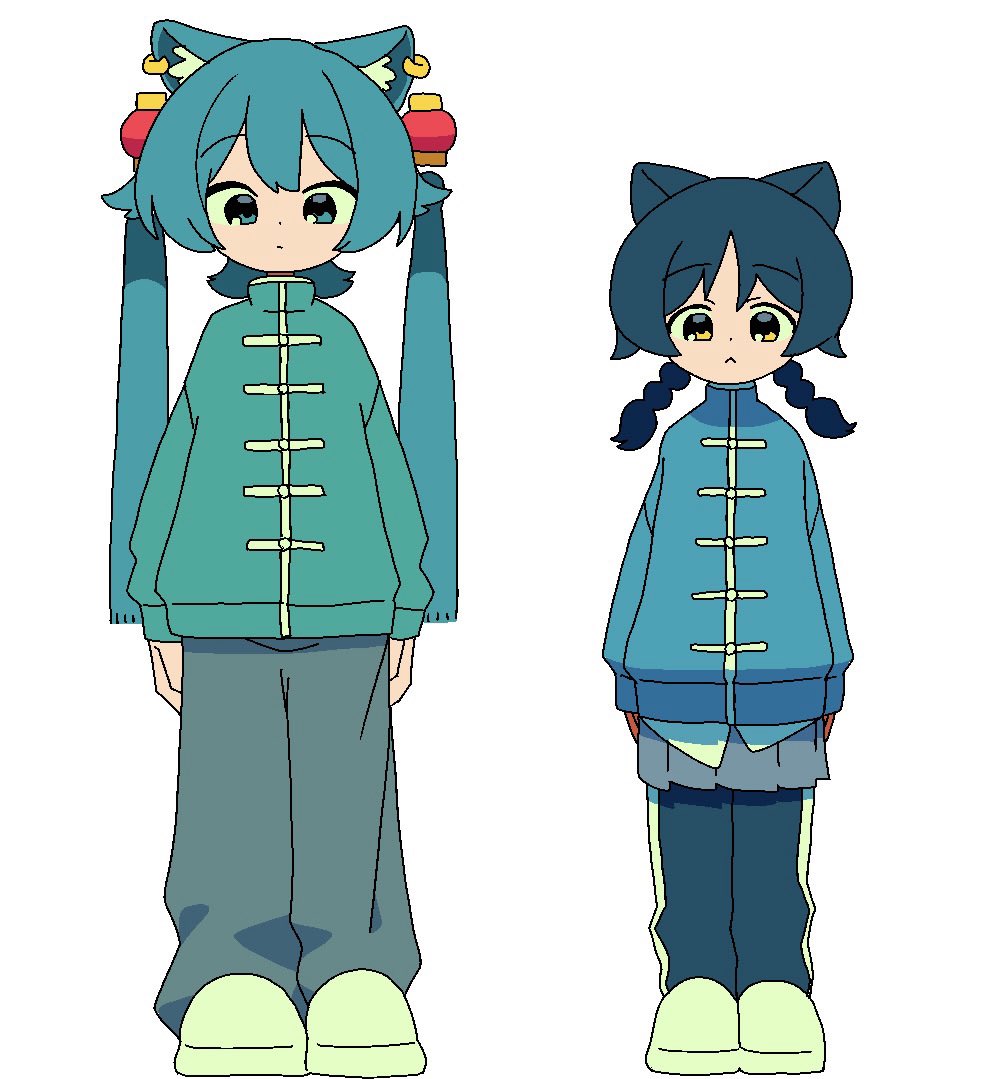 moai (more e 4km), hatsune miku, kaai yuki, vocaloid, chinese commentary, 2girls, :<, alternate costume, animal ear piercing, animal ears, arms at sides, black hair, blue eyes, blue hair, blue jacket, blue pants, braid, cat ears, cat girl, chinese clothes, closed mouth, detached hair, expressionless, green jacket, grey skirt, guruguru (vocaloid), jacket, kemonomimi mode, long hair, long sleeves, looking at viewer, low twin braids, medium hair, multiple girls, pants, pants under skirt, raised eyebrows, shoes, side-by-side, simple background, skirt, standing, straight-on, track pants, twin braids, twintails, white background, yellow eyes