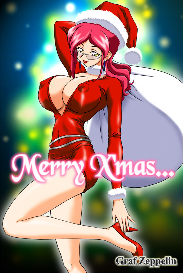 ta152 (graf zeppelin), aoi kiriko, shinkon gattai godannar!!, 00s, 1girl, artist name, breasts, christmas, cleavage, covered erect nipples, curvy, female focus, glasses, high heels, large breasts, lipstick, long hair, looking at viewer, looking over eyewear, makeup, mature female, no bra, red hair, solo, standing