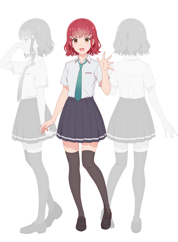 nii manabu, narasaka maaya, gimai seikatsu, official art, 3girls, anime coloring, back, black shoes, black thighhighs, breasts, brown eyes, collared shirt, from behind, from side, full body, green necktie, grey skirt, greyscale, hair ornament, hairclip, hand up, loafers, looking at viewer, medium breasts, monochrome, multiple boys, multiple girls, multiple views, necktie, open hand, open hands, open mouth, pleated skirt, profile, red hair, school uniform, shirt, shoes, short hair, short sleeves, simple background, skirt, smile, standing, thighhighs, thighs, transparent background, wavy hair, white shirt, zettai ryouiki