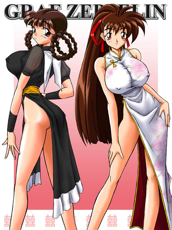 ta152 (graf zeppelin), takeuchi yuka, watanuki yumiko, variable geo, bow, breasts, brown eyes, china dress, chinese clothes, dress, huge breasts, long hair, ponytail, red eyes