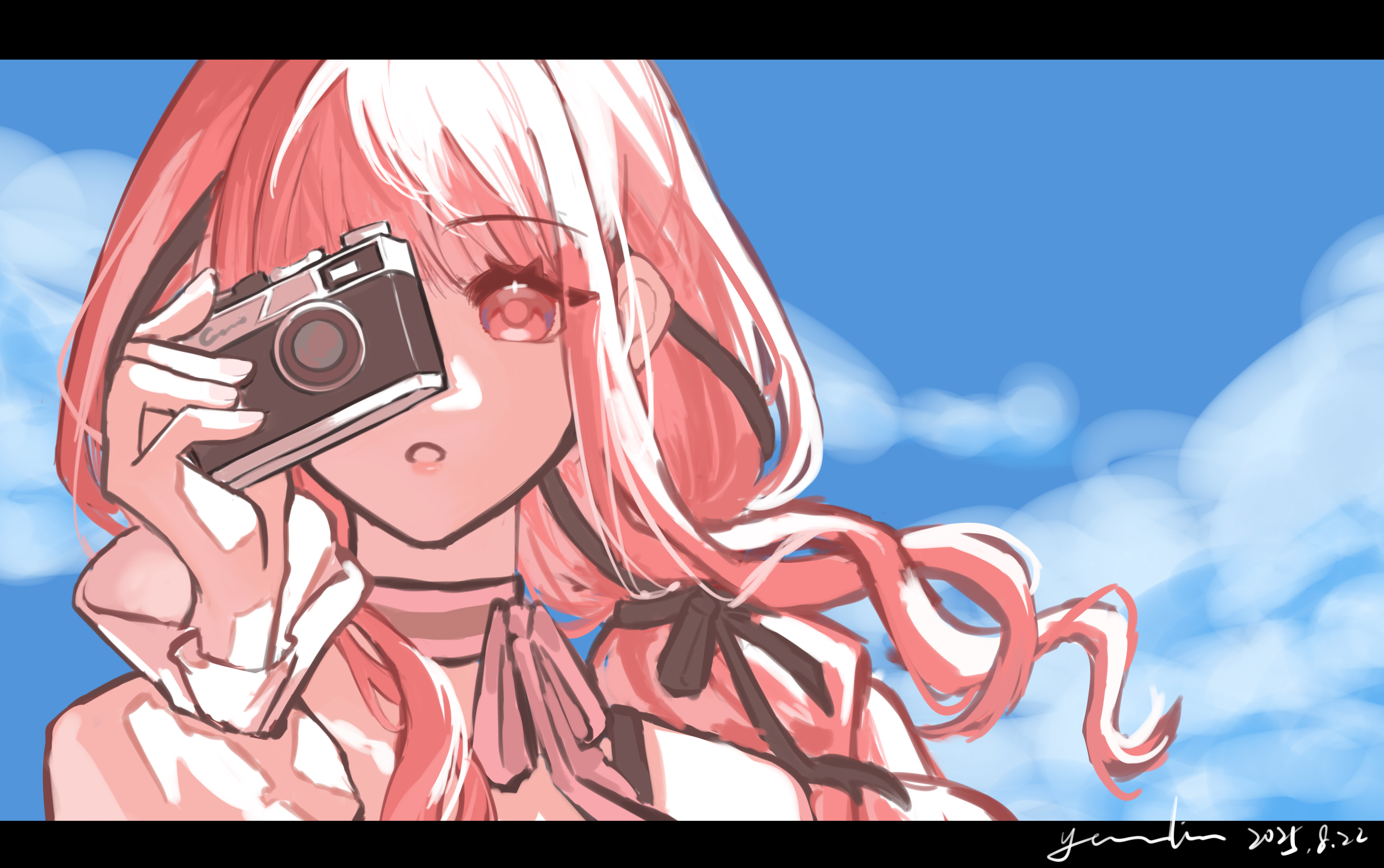 nikki (nikki), perfect start (infinity nikki), infinity nikki, nikki (series), absurdres, highres, 1girl, bare shoulders, black bow, black ribbon, blue sky, bow, bra strap, camera, choker, cloud, dated, expressionless, eyelashes, fingernails, frilled sleeves, frills, hair bow, hair ribbon, holding, holding camera, letterboxed, lipstick, long hair, long sleeves, looking at viewer, makeup, neck ribbon, off-shoulder shirt, off shoulder, one eye covered, open mouth, pink choker, pink eyes, pink hair, pink lips, pink ribbon, puffy long sleeves, puffy sleeves, ribbon, ribbon choker, shirt, sidelocks, signature, single stripe, sky, solo, sparkling eyes, striped choker, tress ribbon, upper body, very long hair, white shirt, wind, youlin youlin
