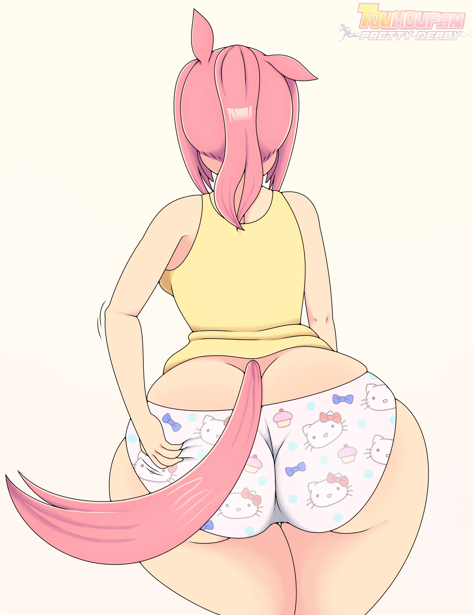 touhoufan, haru urara (umamusume), hello kitty (character), hello kitty, sanrio, umamusume, 1girl, animal ears, animal print, ass, bow print, butt crack, cat print, character print, cupcake print, female focus, food print, from behind, grabbing own ass, horse ears, horse girl, horse tail, huge ass, long hair, panties, partially undressed, pink hair, polka dot, polka dot panties, ponytail, print panties, shirt, simple background, smile, solo, solo focus, standing, tail, tank top, underwear, white background, white panties, yellow shirt