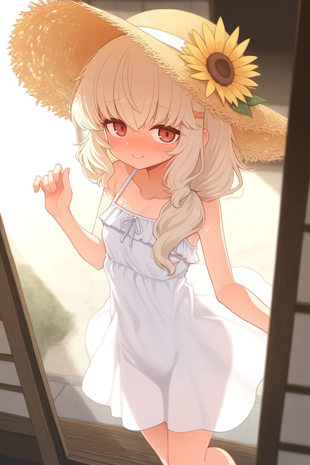 dakini tencho, aoba (blue archive), blue archive, 1girl, blush, breasts, doorway, dress, flower, hair ornament, hair over shoulder, hairclip, hat, hat flower, low ponytail, pink eyes, ponytail, see-through clothes, sleeveless, sleeveless dress, small breasts, smile, solo, standing, straw hat, sun hat, sundress, sunflower, sweat, white dress, white hair