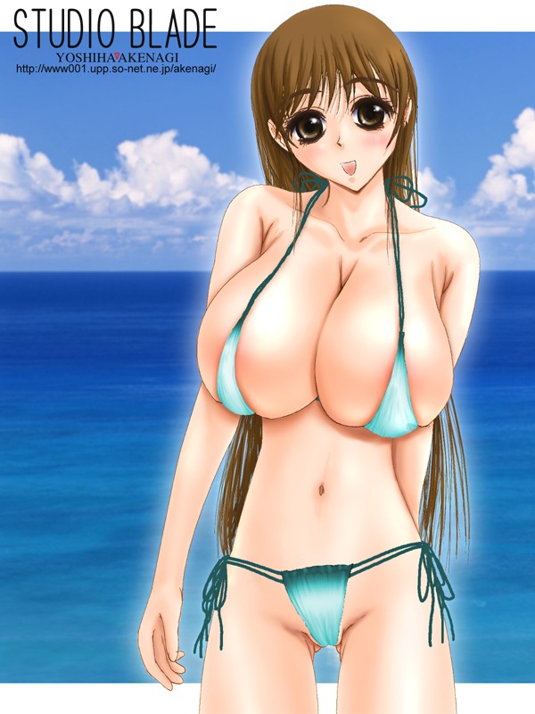 akenagi yoshiha, original, 1girl, bikini, breasts, brown eyes, brown hair, female focus, huge breasts, long hair, ocean, solo, swimsuit, very long hair, water