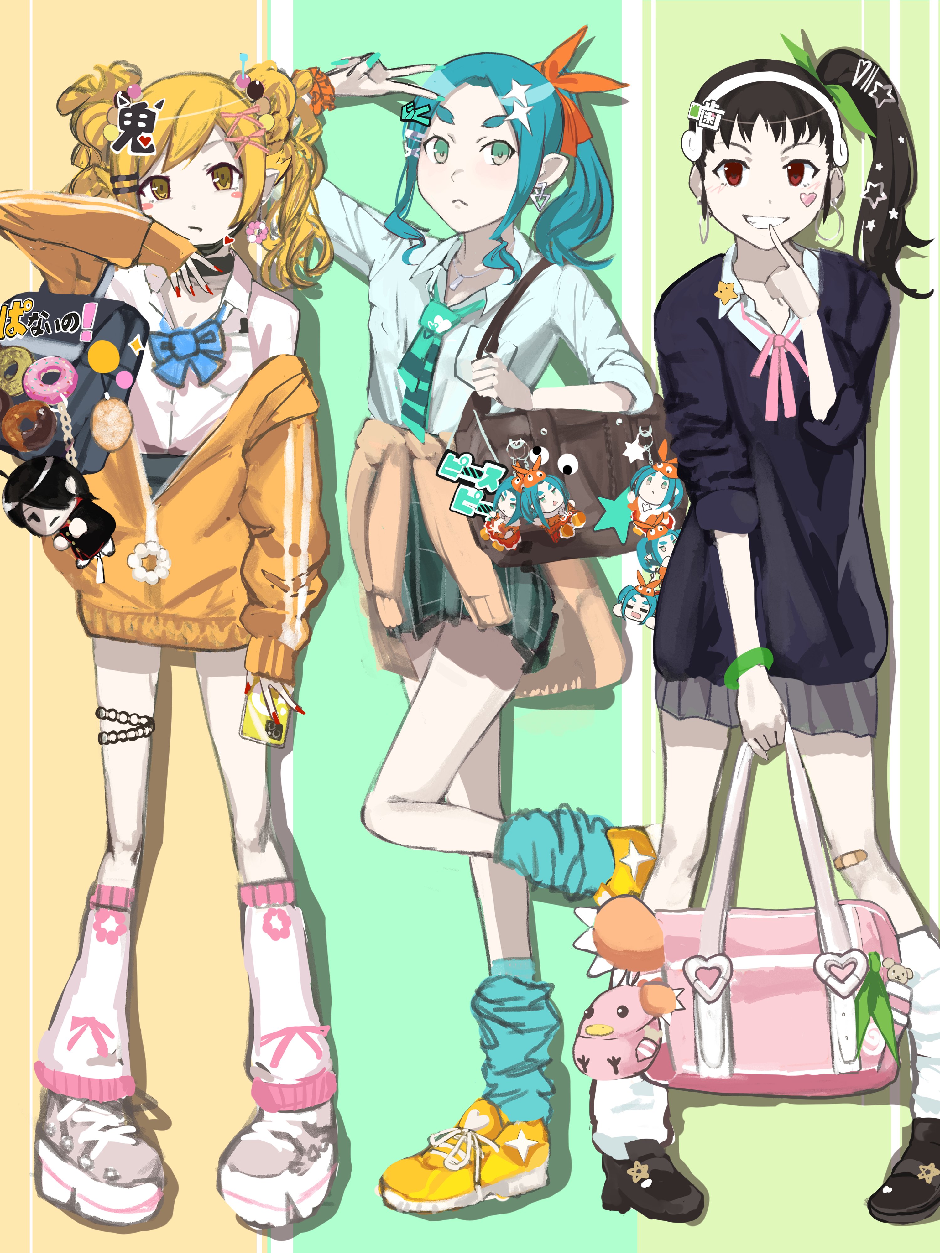 kurokami kinniku matsuri, araragi koyomi, hachikuji mayoi, ononoki yotsugi, oshino shinobu, monogatari (series), absurdres, highres, 3girls, aqua background, aqua hair, aqua necktie, aqua skirt, aqua socks, bag, bag charm, black bag, black sweater, blonde hair, blush stickers, brown bag, brown hair, brown shoes, cardigan, cardigan around waist, cellphone, character doll, charm (object), closed mouth, clothes around waist, collared shirt, doll, donut, earrings, food, forehead, full body, green background, grin, gyaru, hair ornament, hair ribbon, hairband, hairclip, high side ponytail, holding, holding phone, hoop earrings, jacket, jewelry, kogal, leg warmers, loafers, loose socks, medium hair, multiple girls, nail polish, necktie, orange ribbon, parted bangs, phone, pink bag, plaid clothes, plaid skirt, platform shoes, pointy ears, red eyes, red nails, ribbon, school bag, shirt, shoes, short eyebrows, short necktie, sidelocks, single off shoulder, skirt, smartphone, smile, socks, standing, standing on one leg, sweater, thick eyebrows, three-toned background, v, white hairband, white shirt, white shoes, white socks, wristband, yellow background, yellow eyes, yellow jacket, yellow shoes
