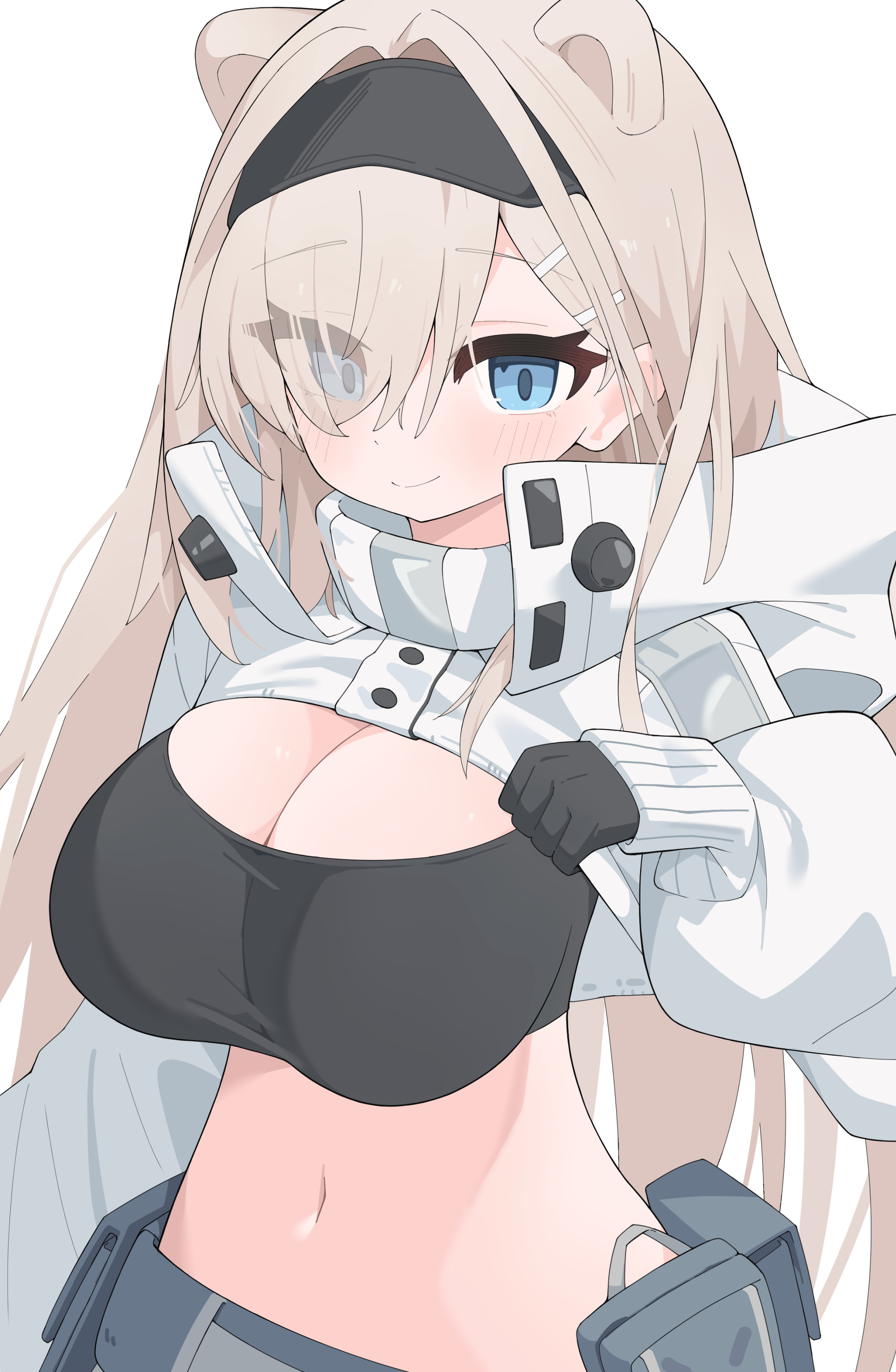 yuuko (oruta), aurora (arknights), aurora (elite ii) (arknights), arknights, absurdres, highres, 1girl, animal ears, bear ears, bear girl, black gloves, black hairband, black sports bra, blue eyes, blush, closed mouth, eyes visible through hair, gloves, grey hair, grey shorts, hair over one eye, hairband, hand up, long hair, midriff, navel, pouch, shorts, shrug (clothing), simple background, smile, solo, sports bra, upper body, white background, white shrug