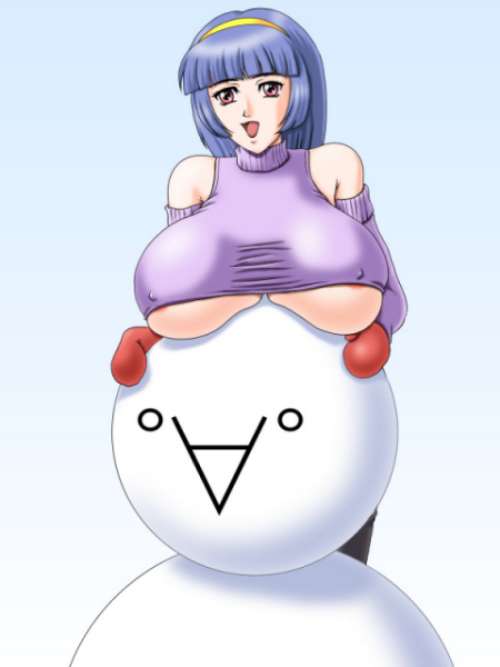 oukazero, 1girl, bare shoulders, blue hair, breasts, detached sleeves, female focus, gradient background, headband, huge breasts, mittens, open mouth, red eyes, snow, snowman, solo, standing, sweater, underboob