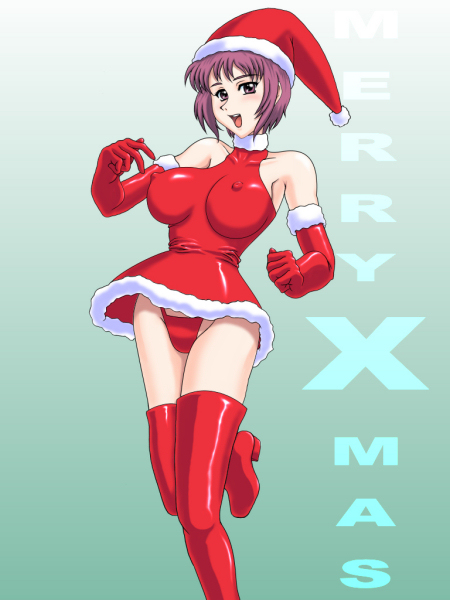 oukazero, 1girl, bare shoulders, blush, boots, breasts, christmas, dress, elbow gloves, female focus, gloves, gradient background, hat, large breasts, latex, latex dress, latex gloves, open mouth, panties, purple eyes, purple hair, red boots, santa hat, short hair, skirt, smile, solo, underwear