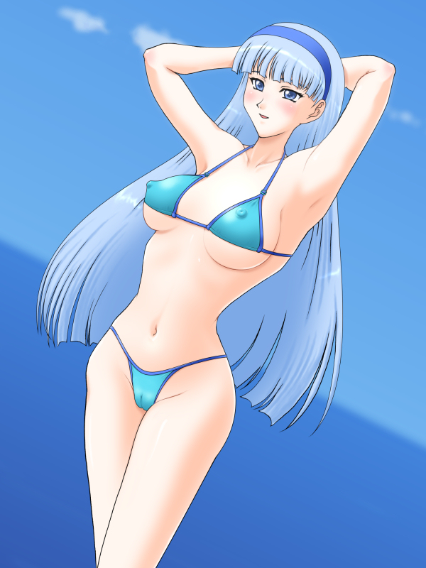 oukazero, tagme, 1girl, armpits, arms up, bikini, breasts, cameltoe, covered erect nipples, female focus, hairband, long hair, navel, ocean, outdoors, sky, solo, standing, swimsuit, water