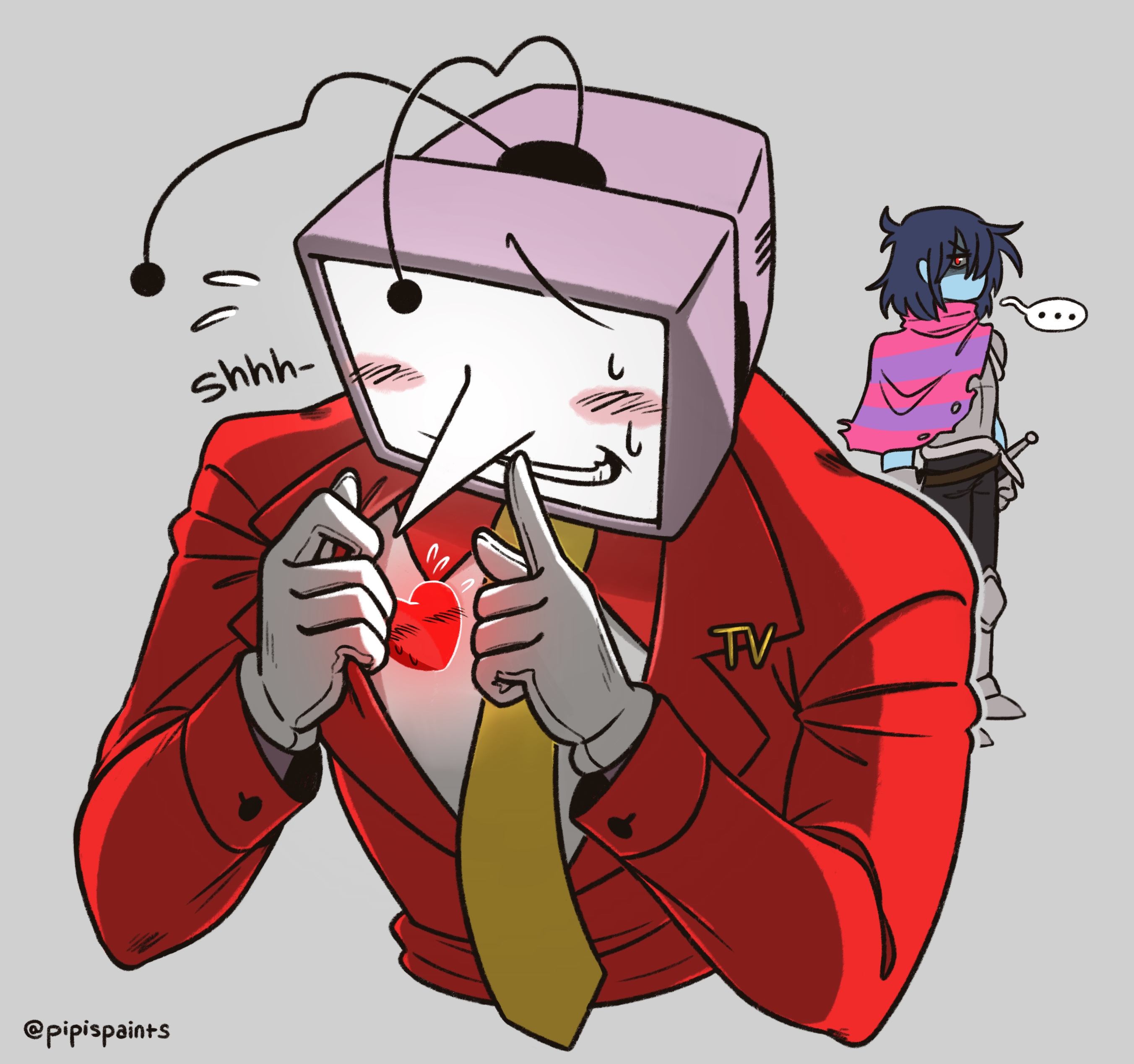 ant tenna, kris (dark world) (deltarune), kris (deltarune), soul (deltarune), deltarune, utdr (toby fox), absurdres, commentary, english commentary, highres, …, 1boy, 1other, armor, blue hair, blue skin, blush, cape, collared shirt, colored skin, crt, finger to mouth, flying sweatdrops, gloves, glowing, grey background, heart, jacket, long nose, necktie, object head, pipispaints, pointy nose, radio antenna, red eyes, red jacket, shirt, short hair, shushing, simple background, smile, spoken ellipsis, sweat, teeth, torn cape, torn clothes, twitter username, two-tone cape, white gloves, white shirt, yellow necktie