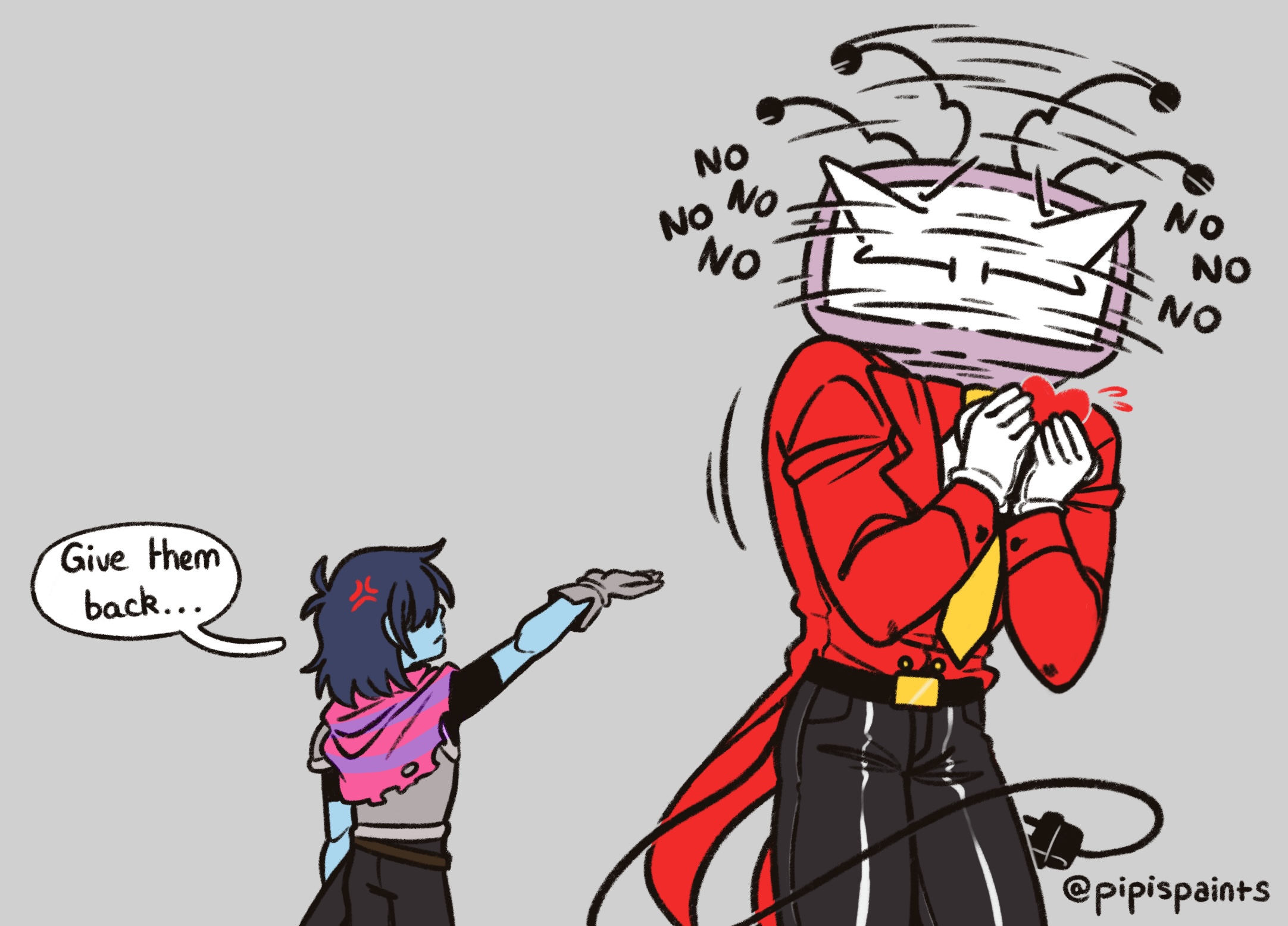 ant tenna, kris (dark world) (deltarune), kris (deltarune), soul (deltarune), deltarune, utdr (toby fox), commentary, english commentary, highres, 1boy, 1other, armor, belt, belt buckle, black belt, black pants, blue hair, blue skin, buckle, cape, collared shirt, colored skin, crt, electric plug, english text, flying sweatdrops, gloves, grey background, grey gloves, long nose, necktie, object head, pants, pipispaints, pointy nose, radio antenna, shaking head, shirt, short hair, simple background, speech bubble, tailcoat, torn cape, torn clothes, twitter username, two-tone cape, white gloves, white shirt, yellow necktie