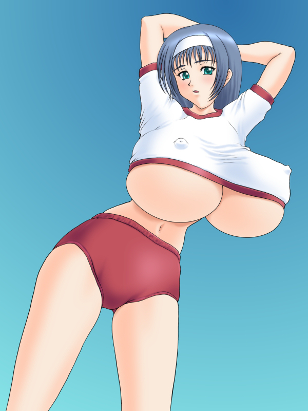 oukazero, 1girl, arms behind head, arms up, blue hair, breasts, buruma, covered erect nipples, female focus, gradient background, green eyes, gym uniform, headband, huge breasts, nipples, solo, standing, underboob