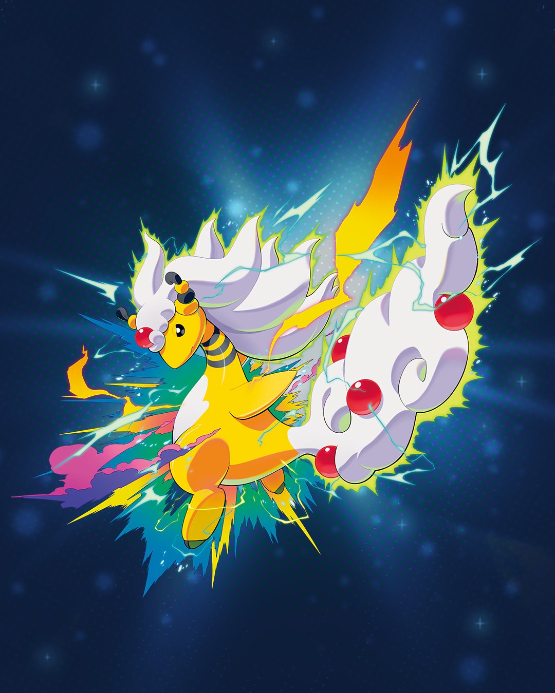 ampharos, mega ampharos, nintendo, pokemon, commentary request, highres, black eyes, electricity, forehead jewel, full body, gem, gen 2 pokemon, long hair, mane, mega pokemon, no humans, pokemon (creature), red gemstone, tail, white hair