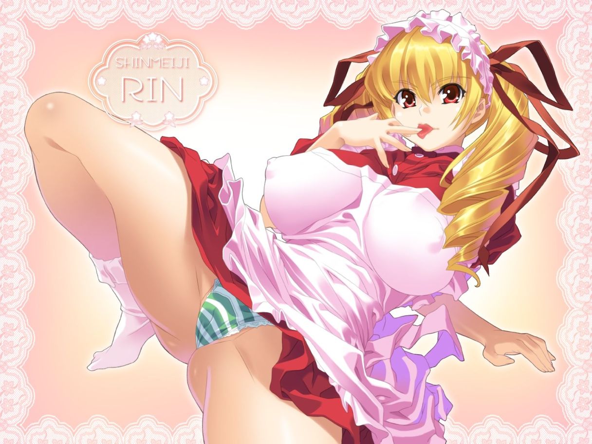 kei (bekei), shinmeiji rinn, oshioki sweetie, striped, wallpaper, 1girl, apron, arm support, blonde hair, bobby socks, border, breasts, breasts apart, buttons, cameltoe, character name, clothes lift, covered erect nipples, dress, dress lift, drill hair, dutch angle, finger to mouth, fingernails, foreshortening, frills, gradient background, green panties, hair between eyes, hair ribbon, huge breasts, lace, lace-trimmed panties, lace trim, legs, long fingernails, long hair, maid, maid apron, maid headdress, nipples, panties, pantyshot, partially visible vulva, puffy nipples, reclining, red eyes, ribbon, ringlets, short dress, socks, solo, spread legs, squatting, striped panties, thick thighs, thighs, tiptoes, tongue, underwear, upskirt, white panties