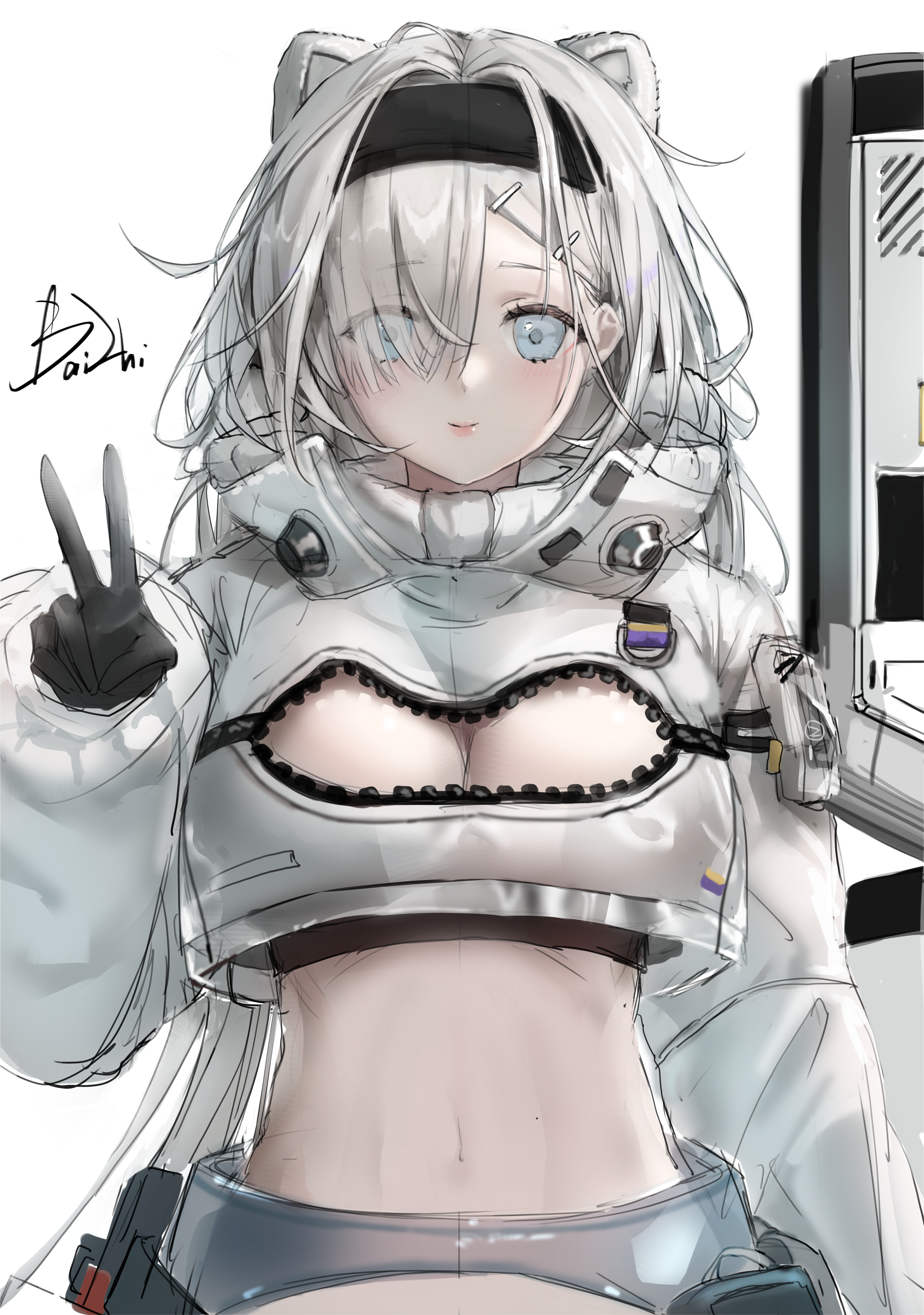 aurora (arknights), arknights, absurdres, highres, 1girl, animal ears, artist name, bear ears, bear girl, black gloves, black hairband, blue eyes, breasts, cleavage, cleavage cutout, closed mouth, clothing cutout, cropped jacket, extra ears, eyes visible through hair, gloves, grey hair, hair over one eye, hairband, hand up, jacket, large breasts, long hair, long sleeves, midriff, navel, puffy long sleeves, puffy sleeves, shield, simple background, smile, solo, upper body, user vcxf5283, v, white background, white jacket
