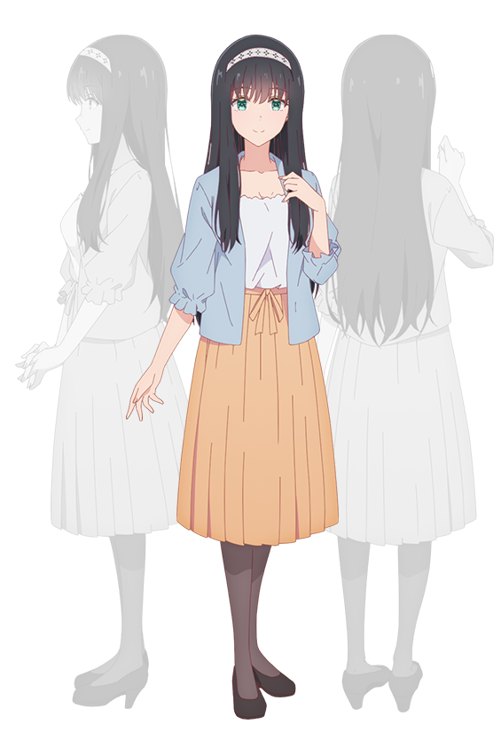 nii manabu, yomiuri shiori, gimai seikatsu, official art, 3girls, anime coloring, back, black pantyhose, black shoes, blue jacket, breasts, closed mouth, collarbone, from behind, from side, full body, green eyes, greyscale, hairband, high heels, jacket, long hair, long skirt, looking at viewer, medium breasts, monochrome, multiple boys, multiple girls, multiple views, pantyhose, pleated skirt, profile, shirt, shoes, simple background, skirt, smile, standing, tareme, transparent background, white hairband, white shirt, yellow skirt