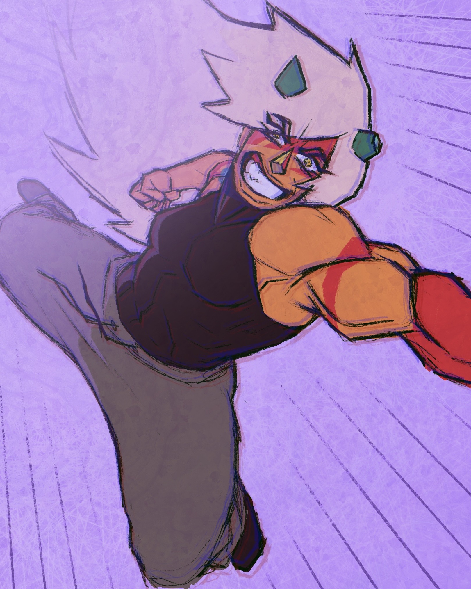 dreamscreep, jasper (steven universe), steven universe, highres, 1girl, abs, alternate costume, breasts, broken horn, colored skin, gem, green horns, horns, jasper (post-fragments) (steven universe), long hair, looking at viewer, muscular, muscular female, orange skin, smile, solo, steven universe: future, very long hair, white hair, yellow eyes