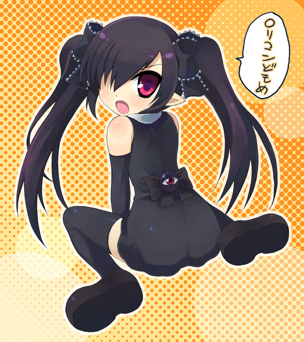 otoutogimi, backbeako (torotei), backbeard, gegege no kitarou, original, translation request, 1girl, bare shoulders, between thighs, black hair, black ribbon, blush, bow, dress, elbow gloves, elf, female focus, from behind, gloves, hair bow, hair over one eye, hair ribbon, kneeling, kono lolicon domome, lens flare, long hair, looking back, miniskirt, open mouth, pointy ears, polka dot, purple eyes, purple hair, red eyes, ribbon, sidelocks, sitting, skirt, solo, thighhighs, thighs, twintails, zettai ryouiki