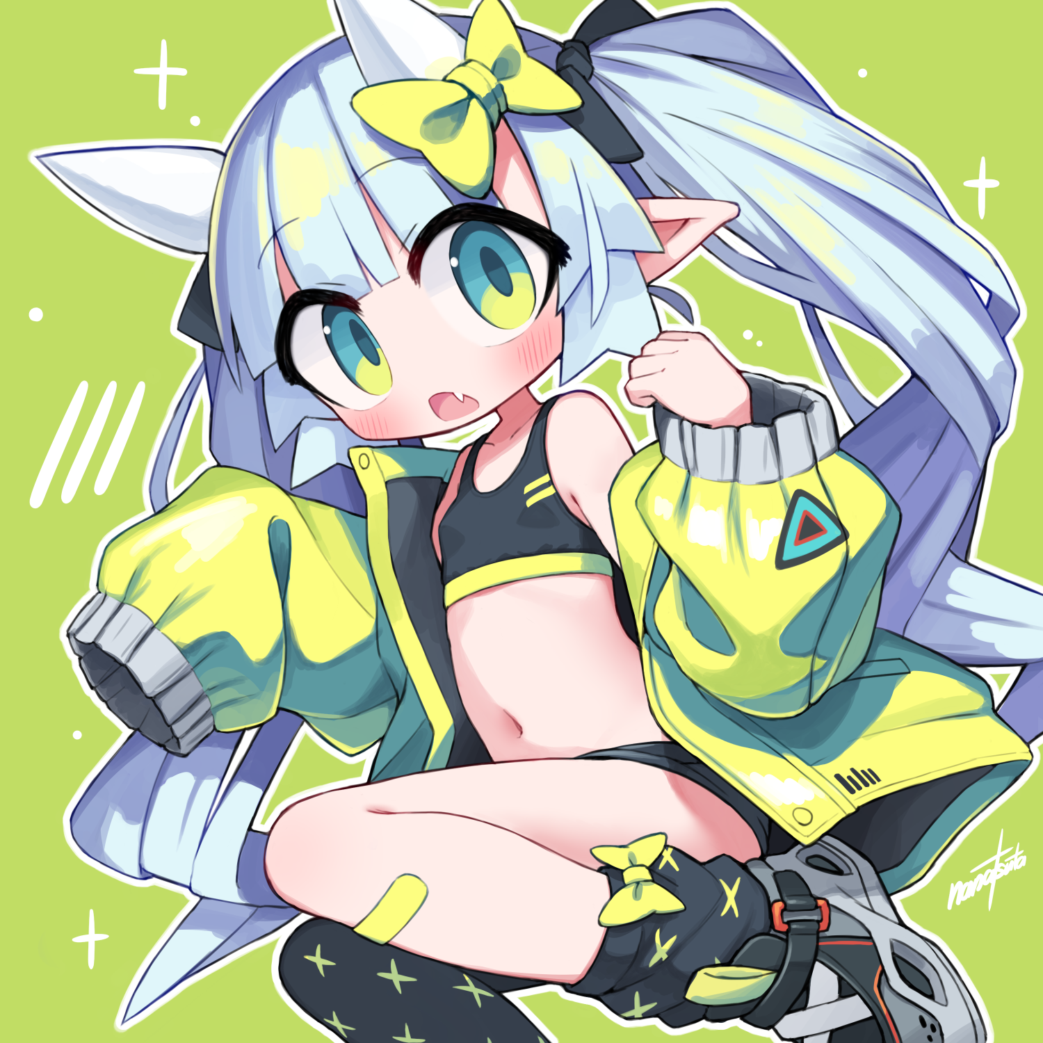 nanatsuta, original, highres, webp-to-png conversion, 1girl, black sports bra, blue eyes, blue hair, bow, breasts, fang, green background, green bow, green jacket, horns, jacket, long hair, long sleeves, looking at viewer, navel, open mouth, pointy ears, puffy long sleeves, puffy sleeves, simple background, small breasts, solo, sports bra, twintails