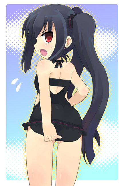 otoutogimi, kooh (pangya), pangya, frilled swimsuit, adjusting clothes, adjusting swimsuit, black hair, casual one-piece swimsuit, fang, frills, from behind, halterneck, long hair, looking back, one-piece swimsuit, open mouth, profile, red eyes, solo, sweatdrop, swimsuit, twintails