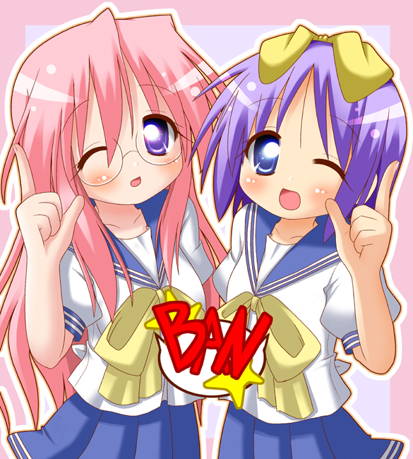 minami (colorful palette), hiiragi tsukasa, takara miyuki, lucky star, 00s, 2girls, blue eyes, bow, finger gun, glasses, hair bow, hair ornament, long hair, looking at viewer, multiple girls, one eye closed, open mouth, pink hair, purple eyes, purple hair, school uniform, serafuku, short hair, skirt, wink
