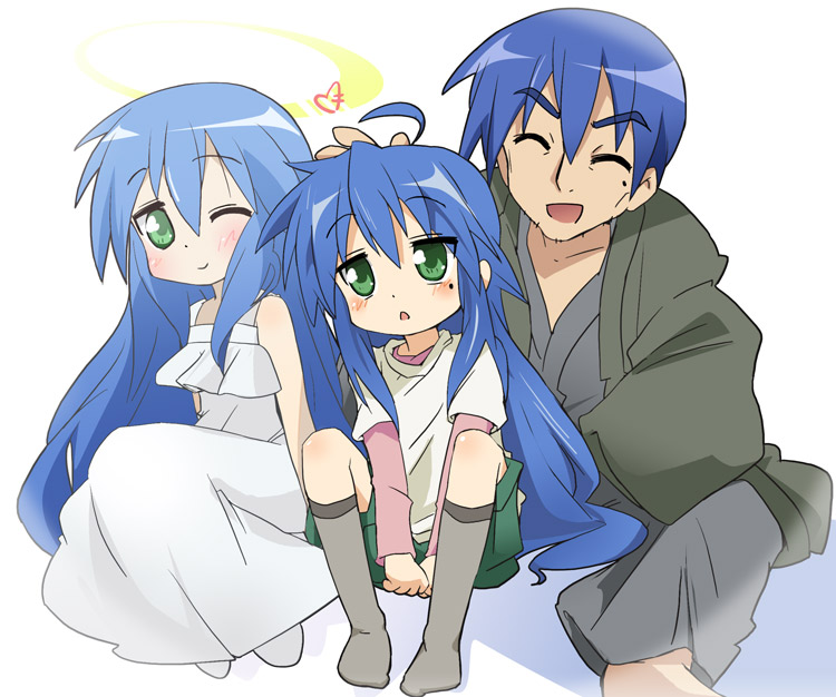 ixy, izumi kanata, izumi konata, izumi soujirou, lucky star, 00s, 1boy, 2girls, age difference, ahoge, blue hair, blush, dress, family, father and daughter, ghost, green eyes, halo, heart, kneehighs, long hair, mole, mole under eye, mother and daughter, multiple girls, one eye closed, robe, shorts, sitting, smile, socks, wink