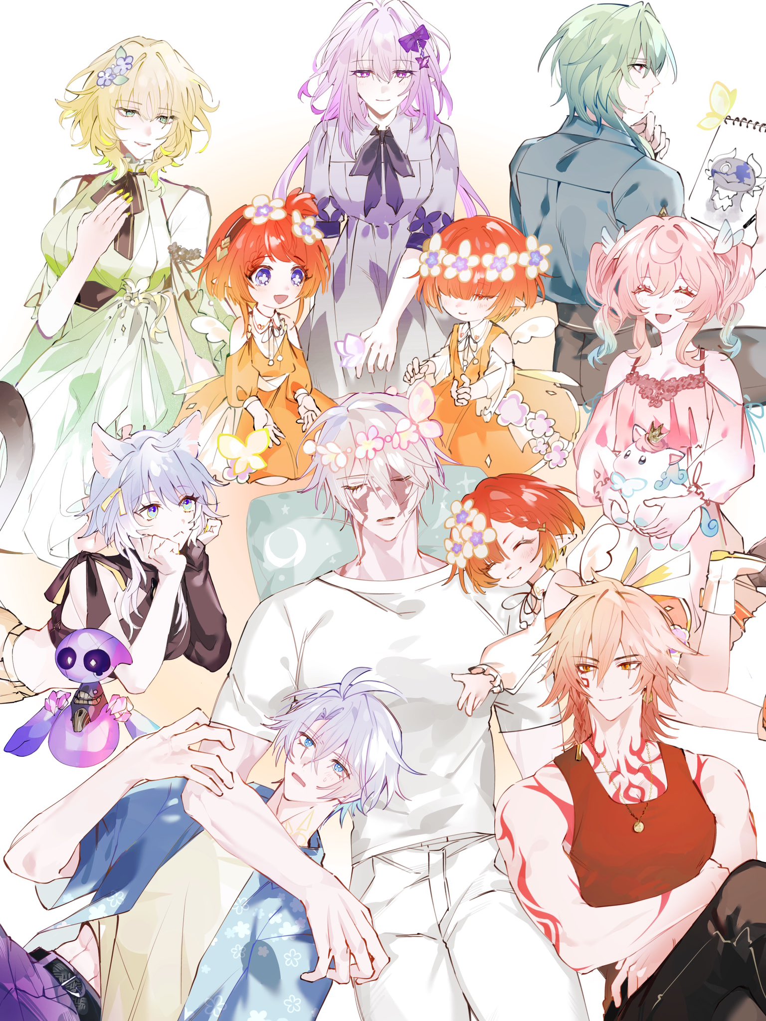 aglaea (honkai: star rail), anaxa (honkai: star rail), castorice (honkai: star rail), cipher (honkai: star rail), flame reaver of the deepest dark, hyacine (honkai: star rail), little ica (honkai: star rail), mydei (honkai: star rail), phainon (honkai: star rail), spirithief bartholos (honkai: star rail), trianne (honkai: star rail), tribbie (honkai: star rail), trinnon (honkai: star rail), honkai: star rail, honkai (series), highres, 4boys, 6+girls, animal ears, black pants, blonde hair, blue eyes, blue jacket, blue shirt, body markings, bow, cat ears, chrysos heirs (honkai: star rail), closed eyes, cross-shaped pupils, dress, flower, green dress, green eyes, green hair, grey dress, grey hair, hair bow, hair flower, hair ornament, jacket, long hair, medium hair, mofu 30fu, multiple boys, multiple girls, open clothes, open jacket, orange eyes, pants, pink dress, pink hair, purple eyes, purple hair, purple pants, red dress, red hair, red tank top, shirt, short hair, short sleeves, symbol-shaped pupils, tank top, twintails, white flower, white pants, white shirt, yellow shirt