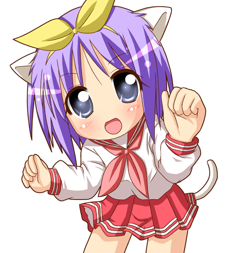 hiiragi tsukasa, lucky star, lowres, 00s, animal ears, blush, school uniform, serafuku, smile, tail