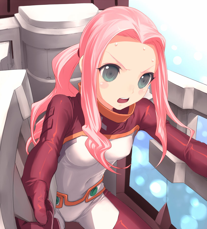 uni (plastic girl), darry adai, tengen toppa gurren lagann, uniform, duplicate, 00s, 1girl, chair, cockpit, covered navel, female focus, green eyes, outstretched arms, pink hair, ponytail, sidelocks, sitting, skin tight, solo, sweat