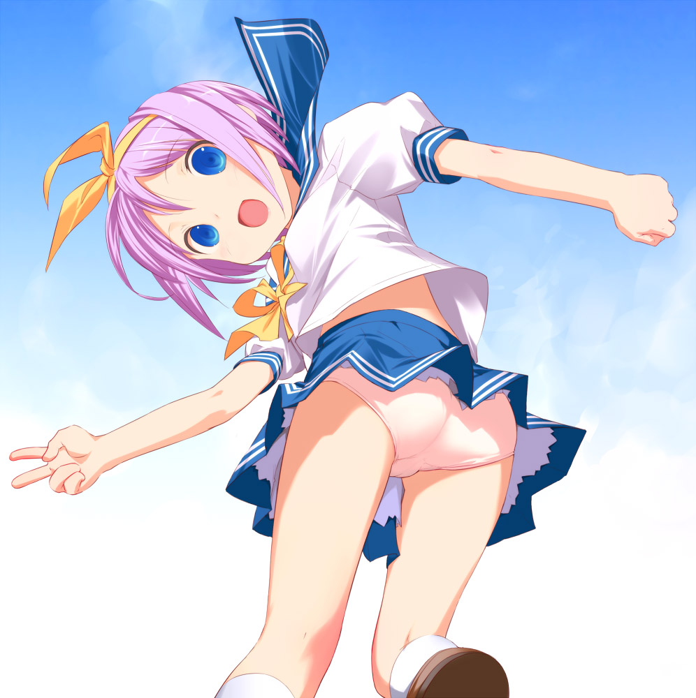 uni (plastic girl), hiiragi tsukasa, lucky star, 00s, 1girl, ass, blue eyes, female focus, from below, hairband, loli, looking at viewer, looking down, panties, pantyshot, purple hair, ribbon, school uniform, serafuku, skirt, solo, underwear, upskirt, v