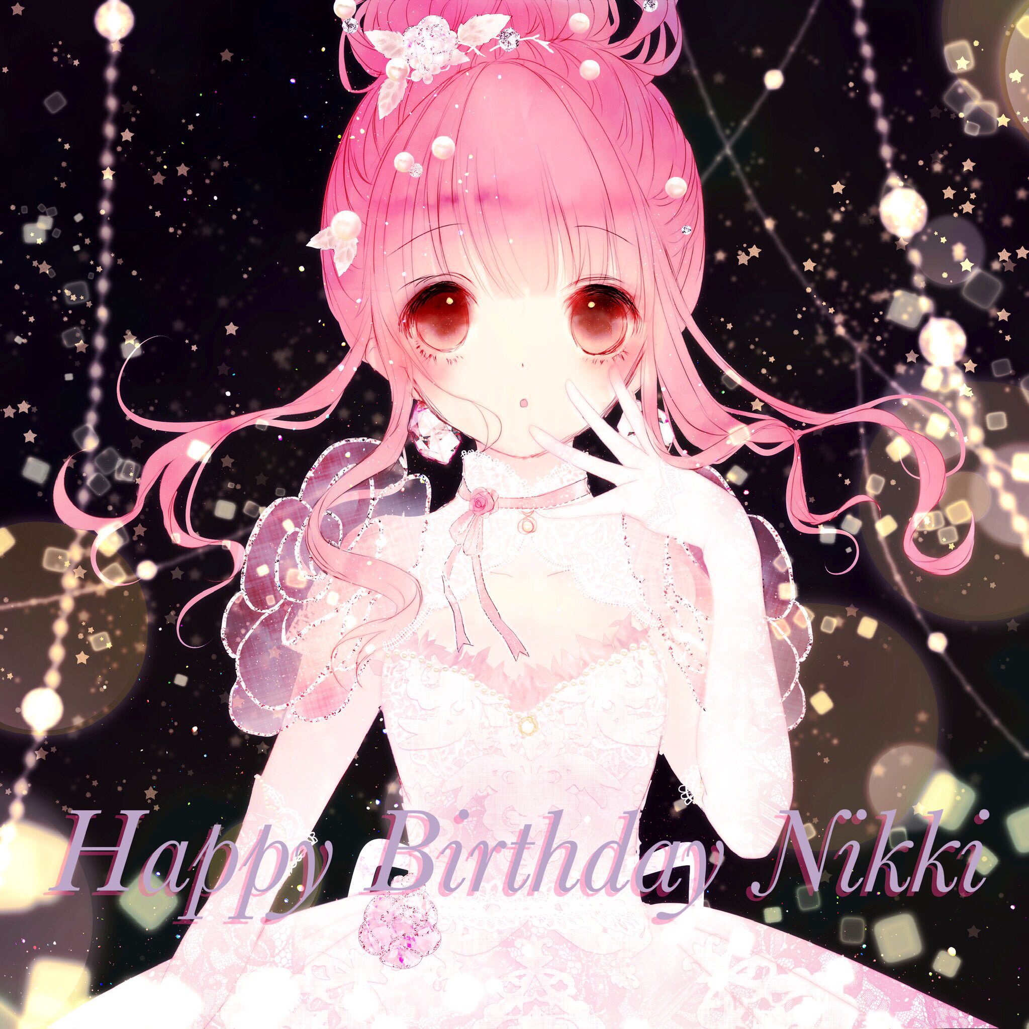 nekoneko gon, nikki (nikki), miracle nikki, nikki (series), highres, 1girl, beads, black background, brooch, collar, collarbone, cowboy shot, dress, elbow gloves, expressionless, feather-trimmed dress, floral print, flower, flower brooch, gloves, hair beads, hair bun, hair ornament, hand on own cheek, hand on own face, jewelry, lace, lace collar, lace gloves, leaf hair ornament, light particles, neck ribbon, pink flower, pink hair, pink ribbon, pink rose, pink sleeves, puffy short sleeves, puffy sleeves, ribbon, rose, rose print, see-through clothes, see-through sleeves, short hair with long locks, short sleeves, single hair bun, solo, song of youth (miracle nikki), star (symbol), straight-on, strapless, strapless dress, updo, white collar, white dress, white gloves