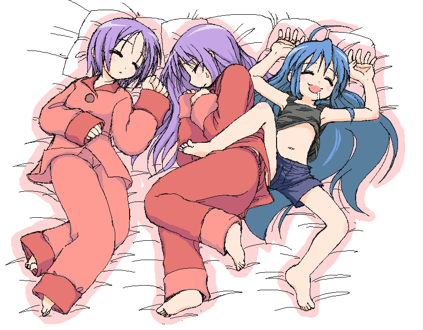 hiiragi kagami, hiiragi tsukasa, izumi konata, futaba channel, lucky star, 00s, 3girls, ahoge, barefoot, bed, blue hair, closed eyes, drooling, feet, long hair, lying, midriff, multiple girls, navel, oekaki, on back, pajamas, purple hair, saliva, short hair, shorts, siblings, sisters, sleeping, soles, spread legs, tank top, toes, twins, very long hair