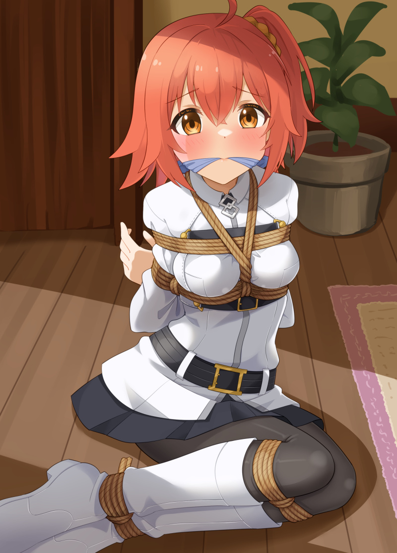 mukanata, fujimaru ritsuka (female), fate/grand order, fate (series), 1girl, arms behind back, bdsm, black pantyhose, blush, bondage, boots, bound, bound ankles, bound arms, bound legs, bound torso, bound wrists, breast bondage, breasts, chaldea uniform, cleave gag, cloth gag, gag, gagged, hair ornament, hair scrunchie, improvised gag, jacket, looking at viewer, miniskirt, one side up, orange eyes, orange hair, pantyhose, restrained, rope, scrunchie, shibari, shibari over clothes, short hair, side ponytail, sitting, skirt, small breasts, white boots, white jacket, yellow scrunchie