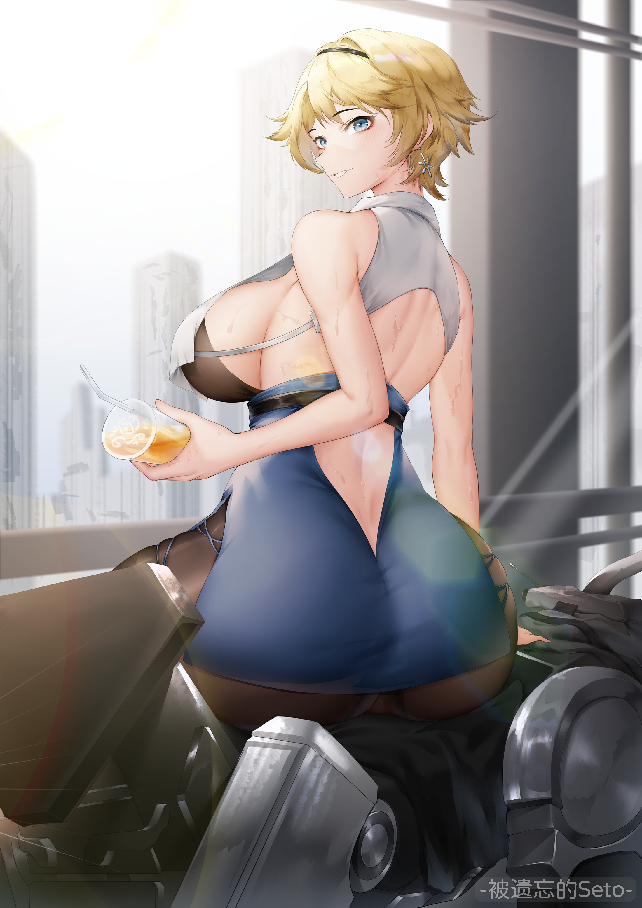 thatob, nikketa (girls' frontline 2), vsk-94 (girls' frontline), girls' frontline, girls' frontline 2: exilium, absurdres, chinese commentary, commentary, highres, 1girl, arm support, artist name, ass, back, black bra, black hairband, black pantyhose, blonde hair, blue eyes, blue skirt, bra, breasts, city, cup, earrings, hairband, high-waist skirt, holding, holding cup, jewelry, kulich (girls' frontline 2), large breasts, light blush, looking at viewer, open mouth, pantyhose, short hair, sideboob, sitting, sitting on robot, skirt, smile, snowflake earrings, solo, sunlight, sweat, thighs, underwear