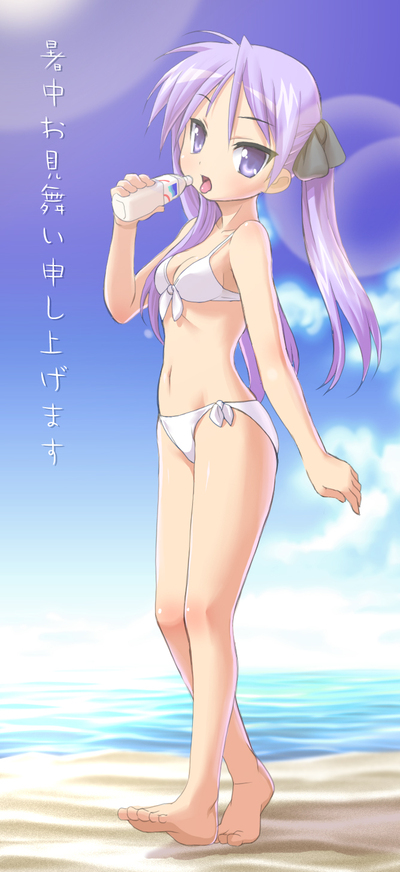 hiiragi kagami, lucky star, eyebrows, translation request, 00s, 1girl, bare shoulders, barefoot, beach, bikini, blue eyes, blue sky, bottle, bow, cloud, collarbone, day, female focus, full body, hair bow, hair ornament, holding, holding bottle, legs together, long hair, looking at viewer, navel, ocean, open mouth, outdoors, purple hair, side-tie bikini bottom, sky, solo, standing, swimsuit, toes, tongue, tongue out, twintails, walking, white bikini