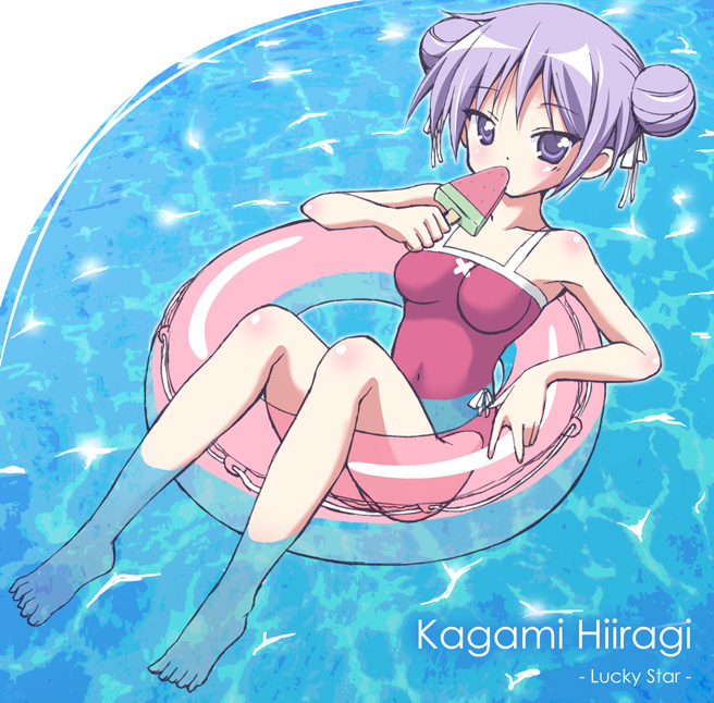 betanya, hiiragi kagami, lucky star, 00s, 1girl, alternate hairstyle, armpits, bare shoulders, barefoot, bow, breasts, cleavage, collarbone, double bun, feet, female focus, food, hair bow, hair bun, innertube, medium breasts, navel, one-piece swimsuit, popsicle, purple eyes, purple hair, solo, swim ring, swimsuit, tsurime, water