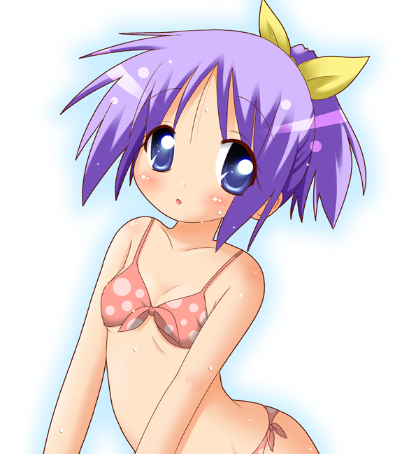 minami (colorful palette), hiiragi tsukasa, lucky star, 00s, 1girl, alternate hairstyle, arched back, bikini, blue eyes, blush, body blush, breasts, female focus, flat chest, front-tie top, hair ribbon, looking at viewer, parted bangs, pink bikini, polka dot, polka dot bikini, polka dot swimsuit, ponytail, profile, purple hair, ribbon, short hair, side-tie bikini bottom, simple background, small breasts, solo, swimsuit, underboob, upper body, wet, white background