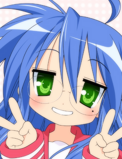 izumi konata, lucky star, artist request, 00s, 1girl, ahoge, blue hair, blush, female focus, glasses, green eyes, long hair, mole, smile, solo, v
