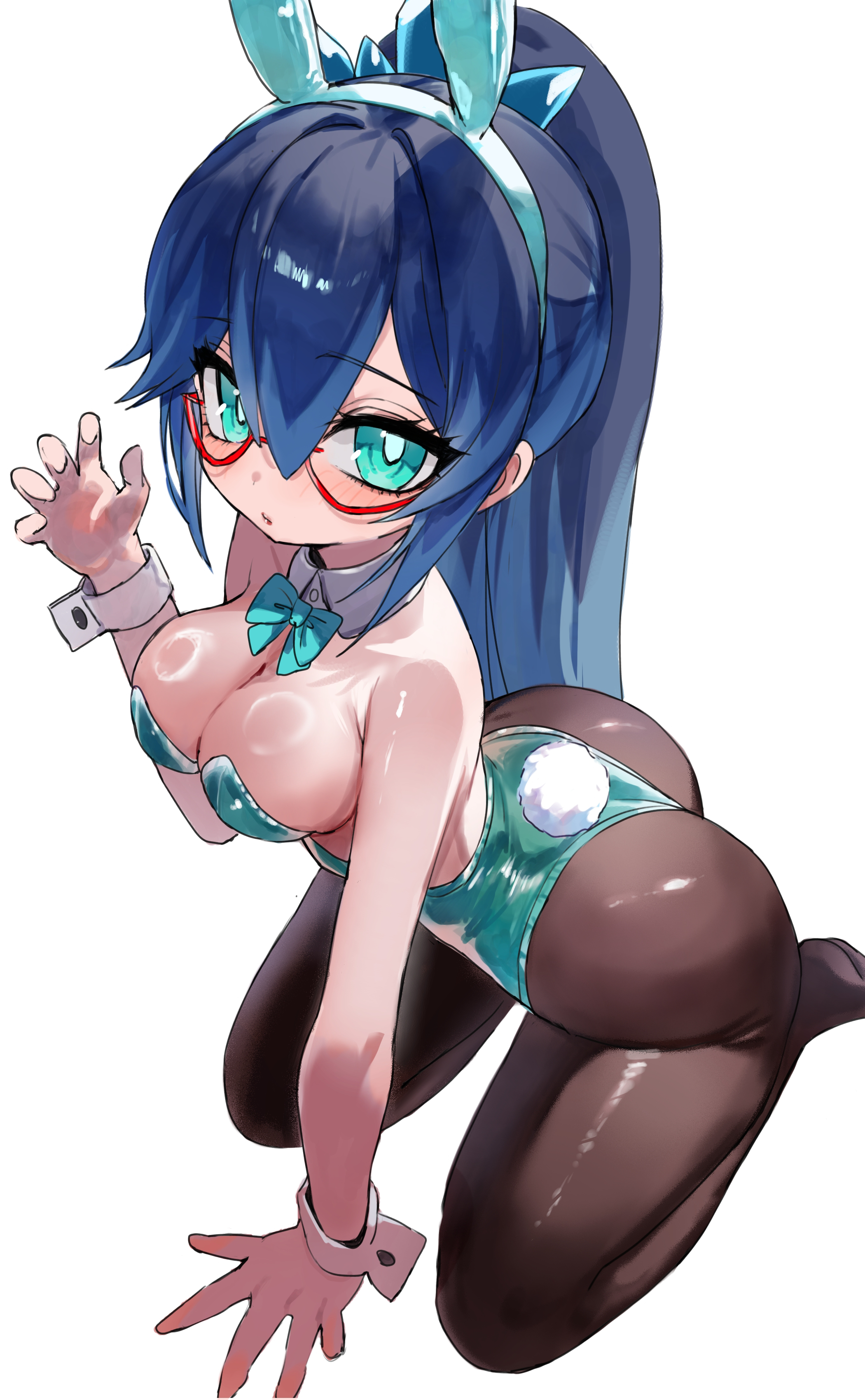 youkai watch, absurdres, commentary request, highres, 1girl, alternate costume, animal ear hairband, animal ears, aqua bow, aqua bowtie, aqua eyes, aqua leotard, black leotard, blue hair, bow, bowtie, breasts, bright pupils, collar, colored tips, detached collar, diamond star12, eyes visible through eyewear, eyes visible through hair, fake animal ears, fake tail, fishnet pantyhose, fishnets, fubuki-chan (youkai watch), glasses, hair ornament, hairband, hand on ground, hand up, high ponytail, highleg, highleg leotard, kneeling, leotard, light blush, lipgloss, looking at viewer, medium breasts, multicolored hair, pantyhose, playboy bunny, ponytail, rabbit ear hairband, rabbit ears, rabbit tail, red-framed eyewear, sidelocks, simple background, sleeveless, solo, spread fingers, strapless, strapless leotard, tail, white background, white collar, white wrist cuffs, wrist cuffs, youkai (youkai watch)