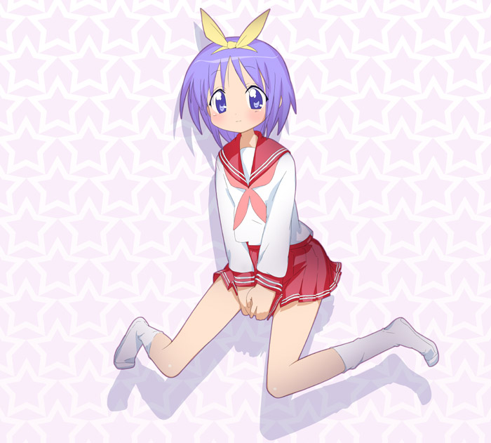 princess spirit, hiiragi tsukasa, lucky star, tagme, 00s, blouse, full body, kneehighs, neckerchief, pink neckerchief, school uniform, serafuku, shirt, sitting, socks, solo, white shirt, white socks