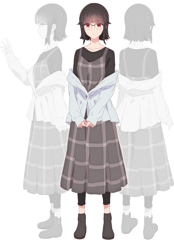 nii manabu, fujinami kaho, gimai seikatsu, official art, 3girls, anime coloring, back, black hair, black pants, black shirt, boots, breasts, closed mouth, collarbone, dress, flipped hair, from behind, from side, full body, glasses, grey boots, grey dress, greyscale, hand up, jacket, long sleeves, looking at viewer, medium breasts, monochrome, multiple boys, multiple girls, multiple views, pants, plaid clothes, plaid dress, profile, red eyes, shirt, short hair, simple background, standing, transparent background, white jacket
