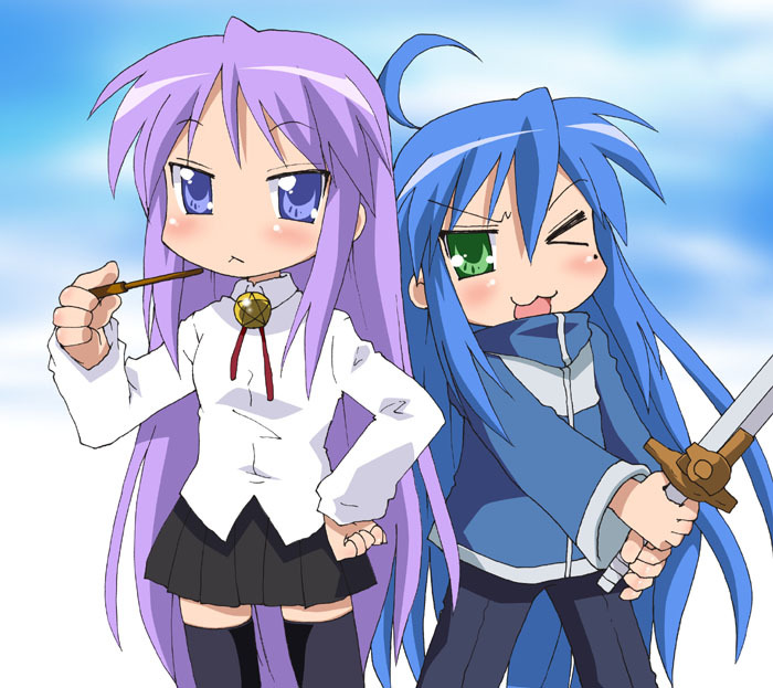 hiiragi kagami, hiraga saito, izumi konata, louise francoise le blanc de la valliere, lucky star, zero no tsukaima, artist request, 2girls, :<, :3, cosplay, hiraga saito (cosplay), louise francoise le blanc de la valliere (cosplay), multiple girls, sword, weapon